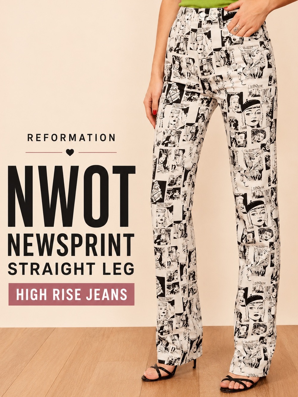 Reformation NWOT Newsprint High Rise Straight Leg Jeans White Black Comic Print
